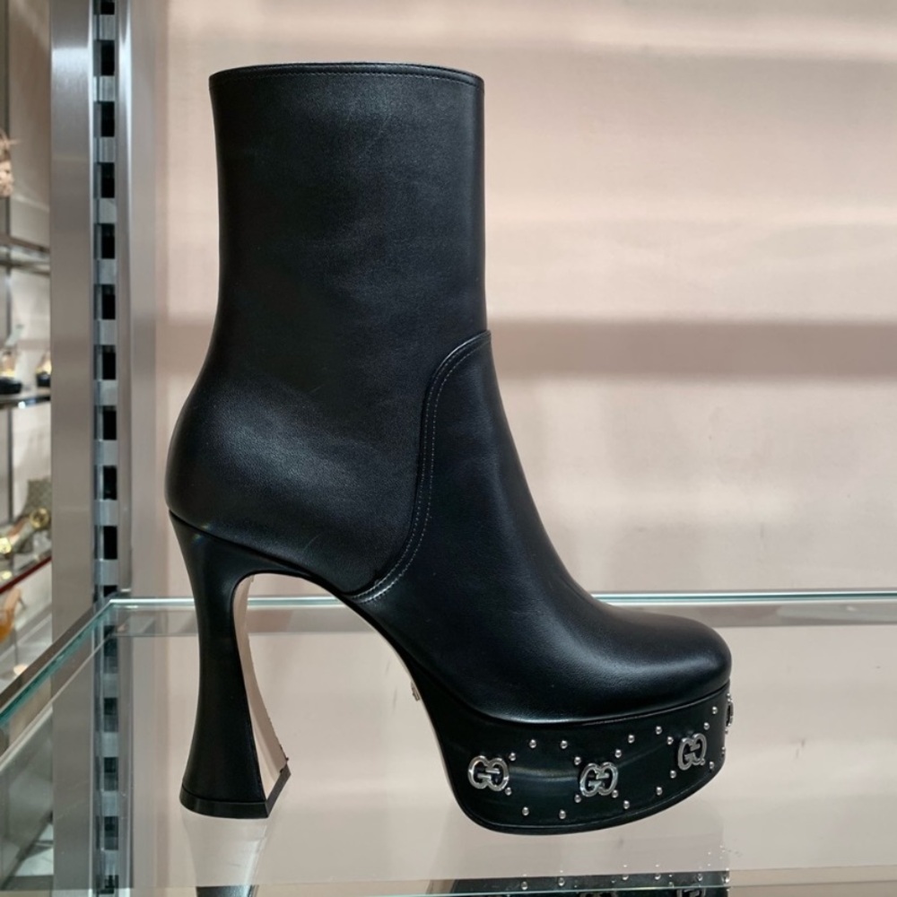 Gucci New Size 37/7 Black Leather GG Stud Platform Side Zip Boot Shoes